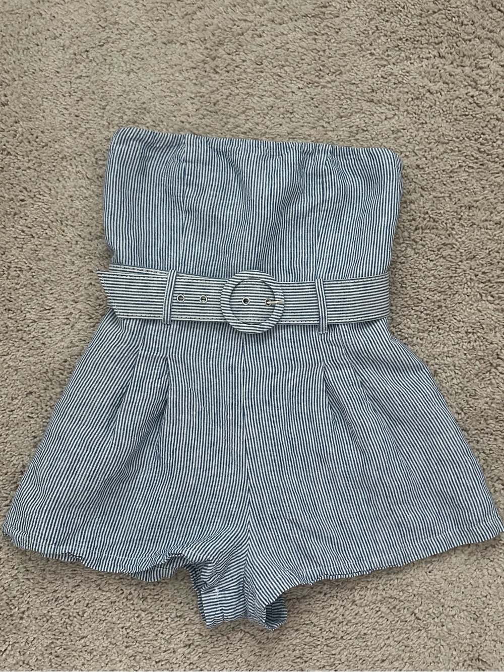 Olivaceous Navy and White Striped Strapless Belted Romper
